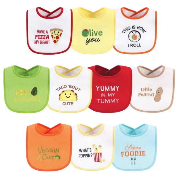 Hudson Baby Infant Cotton Terry Drooler Bibs with Fiber Filling 10pk, Neutral Pizza, One Size