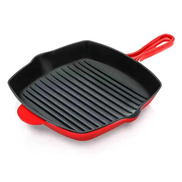 NutriChef 2 x NCCIES47 11 Inch Square Nonstick Cast Iron Skillet Griddle Grill Pan with Porcelain Enamel Coating, and Side Pour Spouts, Red (2 Pack)