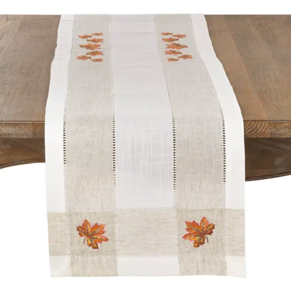 15" X 70" Embroidered Leaf Hemstitch Runner Ivory - SARO Lifestyle