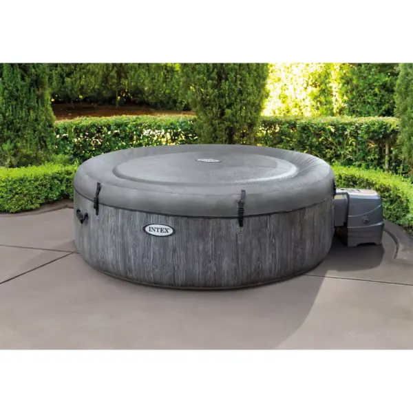 Intex 28439E Greywood Deluxe 4 Person Outdoor Portable Inflatable Hot Tub Spa with Multi-Color LED Light, Foam Headrests, and 140 Bubble Jets, Gray