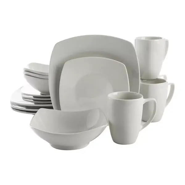 Gibson Zen Buffet 16 Piece Porcelain Square Plates, Bowls, and Mugs Dinnerware Set, Microwave and Dishwasher Safe, White (2 Pack)