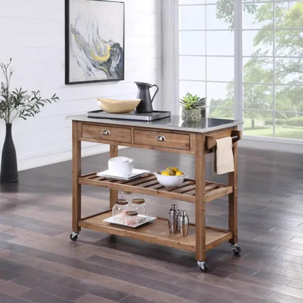 Sonoma Kitchen Cart with Stainless Steel Top Wire Brush Barnwood Brown - Boraam