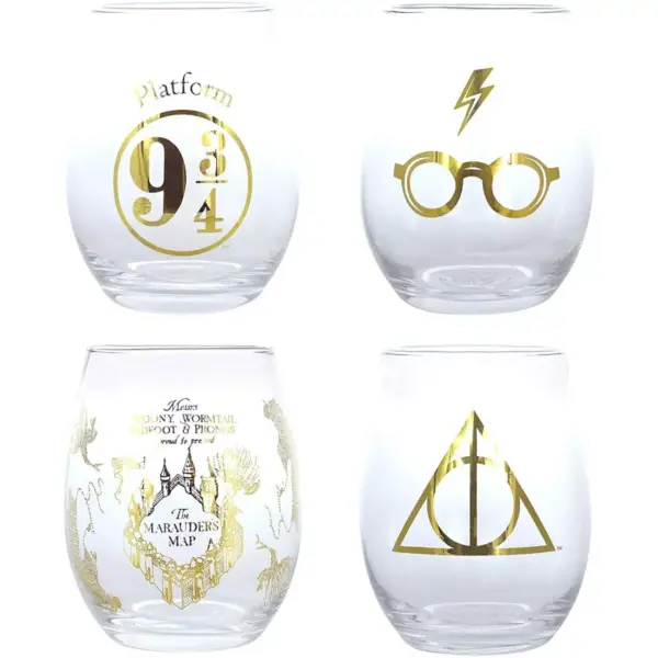 Seven20 Harry Potter 17oz Stemless Wine Glasses | Set of 4 | Gold Symbols & Designs