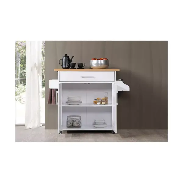 Hodedah Wheeled Kitchen Island with Spice Rack and Towel Holder, White/Beech