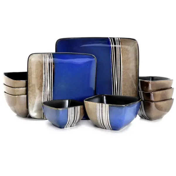 16pc Stoneware Double Color Square Dinnerware Set Brown/Blue - Elama