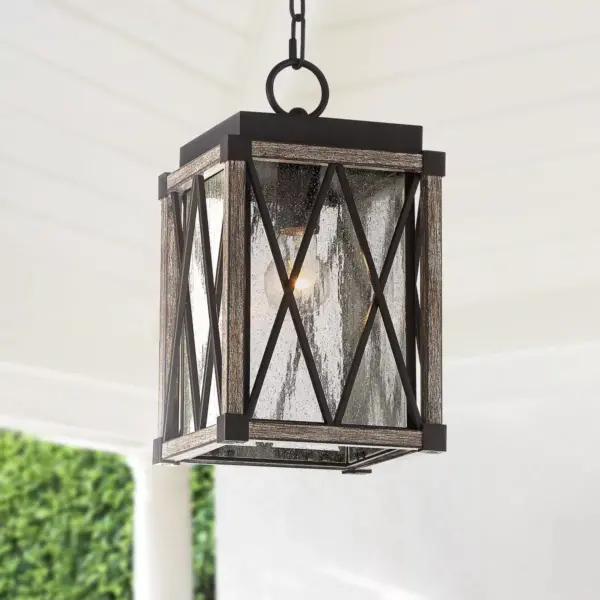 Possini Euro Design Rustic Outdoor Ceiling Light Hanging Bronze Wood 14 1/2" Clear Seedy Glass Lantern Exterior House Porch Patio