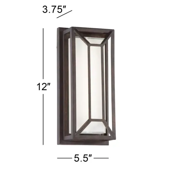 Possini Euro Design Modern Outdoor Wall Light Fixture LED Painted Bronze Geometric 12" White Etched Glass for Exterior House Porch