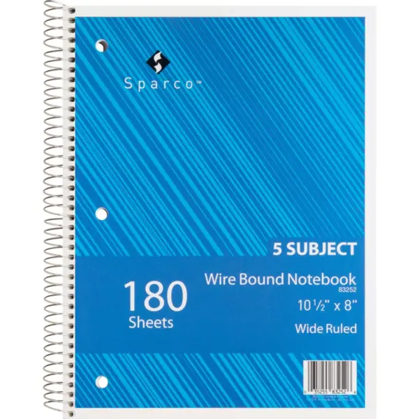 Sparco Notebooks 5 Subject 10-1/2"x8" Wide Ruled 180 Sht AST 83252