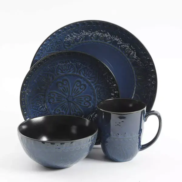 Gibson 124303.16R Elite Milanto Embossed Glazed Durable 16 Piece Dinnerware Set, Microwave and Dishwasher Safe, Blue