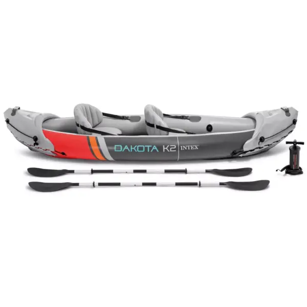 Intex 68310VM Dakota K2 2-Person Heavy-Duty Vinyl Inflatable Kayak and Accessory Kit with 86-Inch Oars, Air Pump, and Carry Bag, Gray/Red