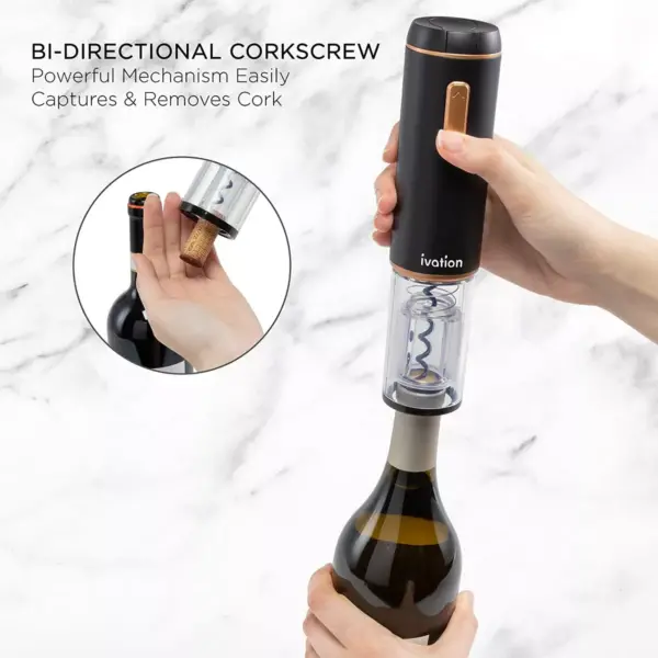 Ivation Electronic Wine Opener Gift Set – Cordless Rechargeable Wine Bottle Cork Extractor with Black & Copper Automatic Corkscrew, Hideaway Foil Cutter, Built-in Light & Lithium Battery