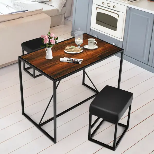 Costway 3pcs Dining Set Metal Frame Kitchen Table and 2 Stools Home Breakfast