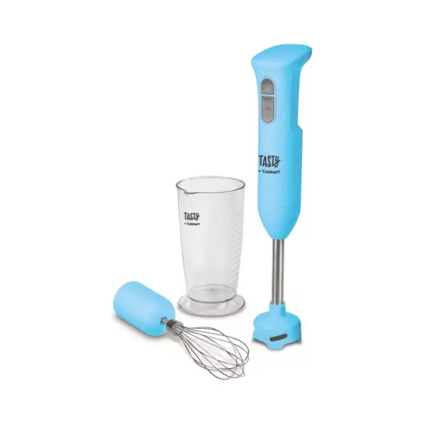 Tasty by Cuisinart Stainless Steel Electric Kitchen Handheld Food Blender Stick with Beater, Measuring Cup, and Safety Button Feature, Blue