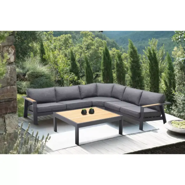 4pc Palau Outdoor Sectional Set with Cushions in Dark Gray and Natural Teak Wood Accent - Armen Living