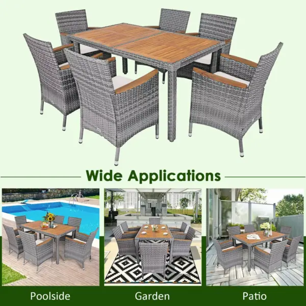 Costway 7PCS Patio Rattan Dining Set Acacia Wood Table Cushioned Chair Mix Gray