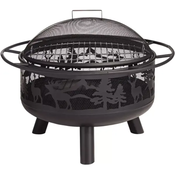 John Timberland Rustic Black Fire Pit Round 30" Animal Cut Steel Wood Burning with Spark Screen and Fire Poker for Outside Backyard Patio Camping