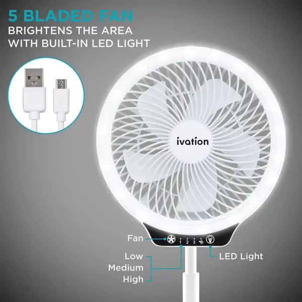 Ivation Rechargeable Personal Fan with LED Light | Compact Convertible Desk, Table & Pedestal Floor Fan with 39.5” Adjustable Height, LED Lamp, 3-Speed Touch Control & USB Phone Charging Port | White