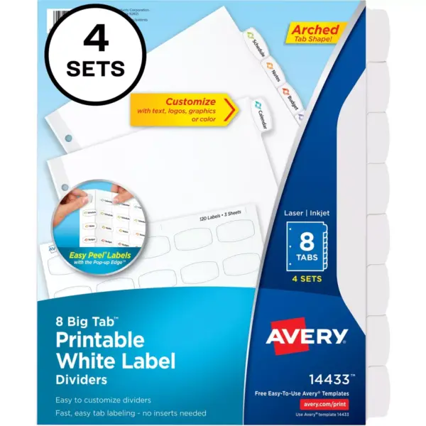 Avery Easy Peel White Label Tab Dividers 8-Tab 6/PK White 14433