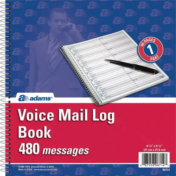 Adams Voice Mail Log Book 480 Messages 8-1/2"x8-1/4" 2BK/PK S8714