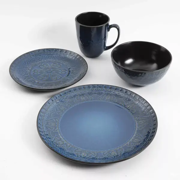 Gibson 124303.16R Elite Milanto Embossed Glazed Durable 16 Piece Dinnerware Set, Microwave and Dishwasher Safe, Blue