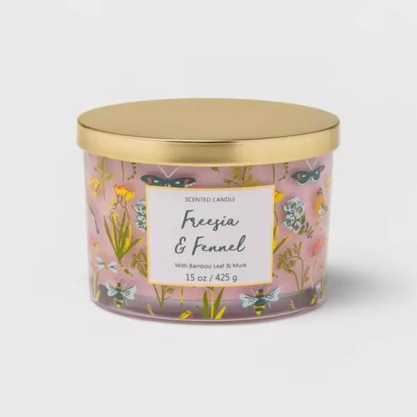 15oz Lidded Glass Jar Front Label Nature Print 3-Wick Candle Freesia and Fennel - Opalhouse™