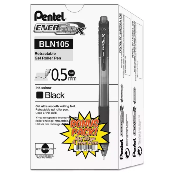 Pentel EnerGel X Retractable Roller Gel Pen, Black Ink, 0.5 mm Fine Point, 24 per Pack