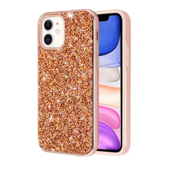 For Apple iPhone 11 Rose Gold Encrusted Rhinestones Hybrid Hard TPU Case Cover