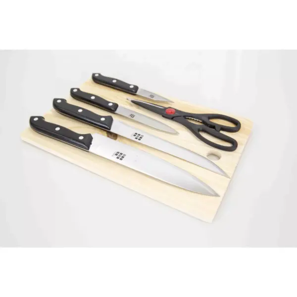 Home Basics Essentials Series 5 Piece Stainless Steel Knife Set with All Natural Wood Cutting Board