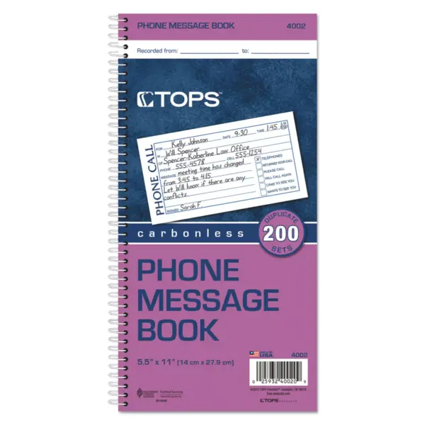 TOPS Spiralbound Message Book 2 3/4 x 5 Two-Part Carbonless 200/Book 4002