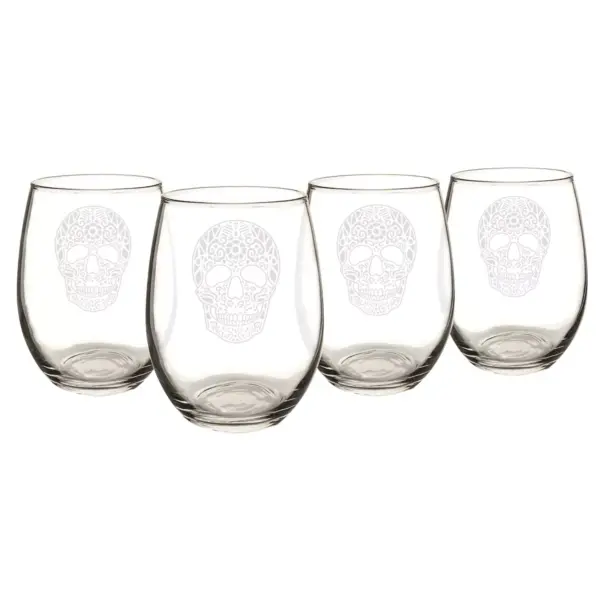 Halloween Sugar Skull Stemless Wine Glasses - 4ct