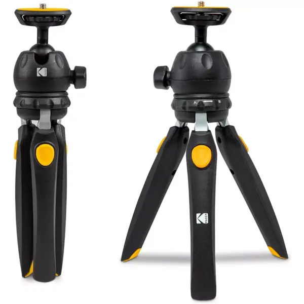 KODAK PhotoGear Mini Adjustable Tripod with Remote, 360° Ball Head, Compact 9” Tabletop Tripod,11” Selfie Stick, 5-Position Legs, Rubber Feet, Smartphone & Action Camera Adapters, E-Guide Included