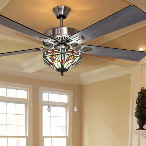 52" LED 5-Blade Bungalow Mission Stained Glass Hexagon Lighted Ceiling Fan - River of Goods