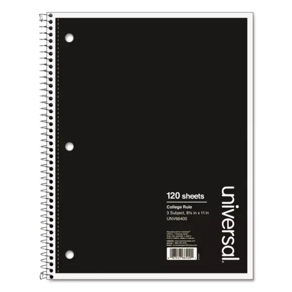 Universal 3 Sub. Wirebound Notebook 11 x 8 1/2 College Rule 120 Sheets Black Cover 66400