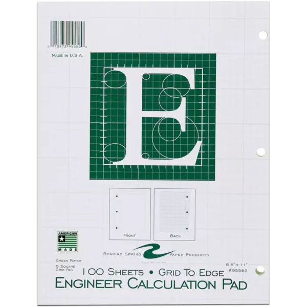 Roaring Spring Engineering Pad 5"x5" Quad 3HP 100 Shts 11"x8-1/2" Green 95582