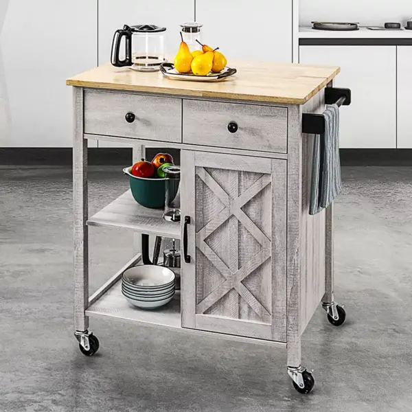 34" Kitchen Cart with Wood Top Saw Cut White - Home Essentials