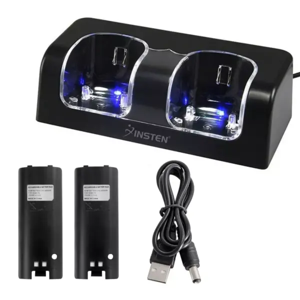 Dual Charging Station w/ 2 Rechargeable Batteries & LED Light compatible with Wii / Wii U Remote Control - Black