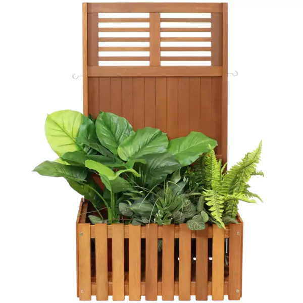 Sunnydaze Outdoor Garden Meranti Wood with Teak Oil Finish Planter Box with Privacy Screen and 2 Hooks for Hanging Basket Planters - 44" H - Brown