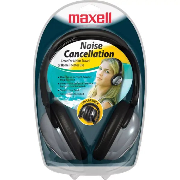 Maxell Noise Cancellation Headphones - Stereo - Black, Gray - Mini-phone - Wired - 60 Ohm - 10 Hz 28 kHz - Nickel Plated Connector - Over-the-head