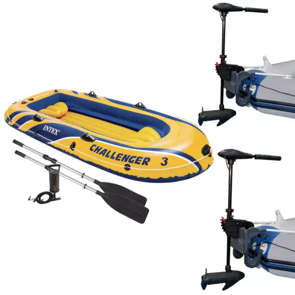 Intex Challenger 3 Inflatable Raft Boat Set & 2 Eight Speed Trolling Motors