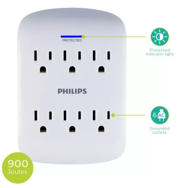 Philips 6-Outlet Surge Protector Wall Tap, White