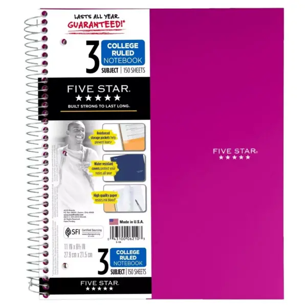 Five Star 3 Subject College Ruled Spiral Notebook (Color Will Vary)