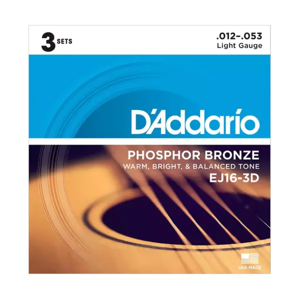 D'Addario EJ16-3D Phosphor Bronze Light Acoustic Guitar Strings (3-Pack)