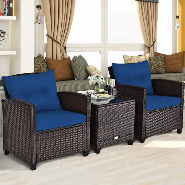 3PCS Patio Rattan Furniture Set Cushioned Conversation Set Coffee Table Navy