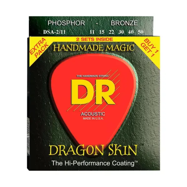 DR Strings Dragon Skin Clear Coated Phosphor Bronze Medium-Light Acoustic Guitar Strings (11-50) 2 Pack