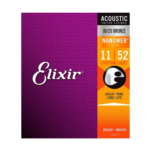 Elixir 80/20 Bronze Acoustic Guitar Strings with NANOWEB Coating, Custom Light (.011-.052)