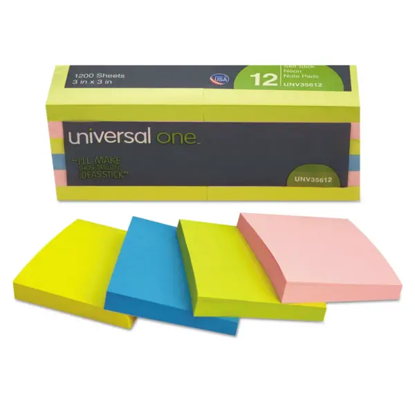 UNIVERSAL Self-Stick Notes 3 x 3 Assorted Neon Colors 100-Sheet 12/Pack 35612