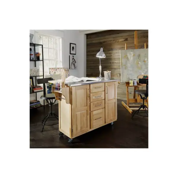 Breakfast Bar Kitchen Cart Natural with Stainless Steel Top - Home Styles