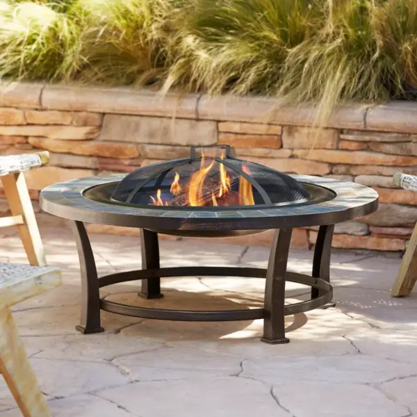 John Timberland Black Slate Fire Pit Round 40" Table Steel Wood Burning with Spark Screen and Fire Poker for Outside Backyard Patio Camping