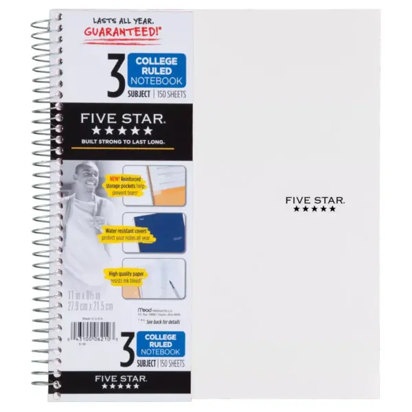 Five Star 3 Subject College Ruled Spiral Notebook (Color Will Vary)