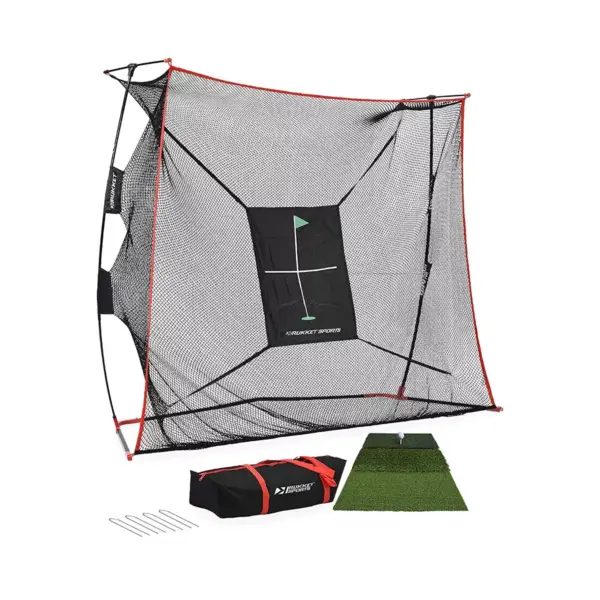 Rukket Sports Outdoor Portable 9 x 7 x 3 Foot Haack Golf Training Practice Net Pro Set with Hitting Target, Tri Turf Mat, and Carrying Bag